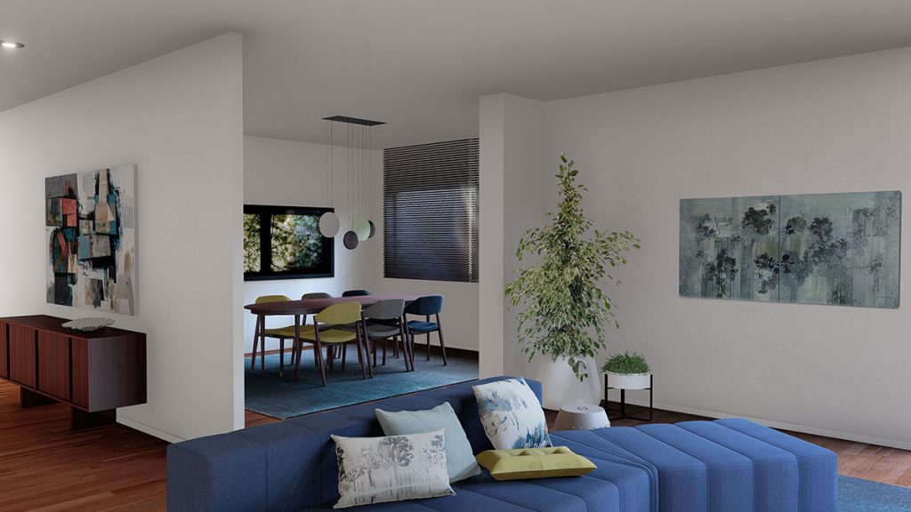 Projeto de interiores num apartamento no Porto, Foz (Portugal), preview da sala de estar e jantar